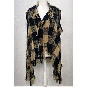 LAON FASHION Womens OSFA Beige/Black Big Check SHAWL Wrap Poncho w/ Fringe EUC